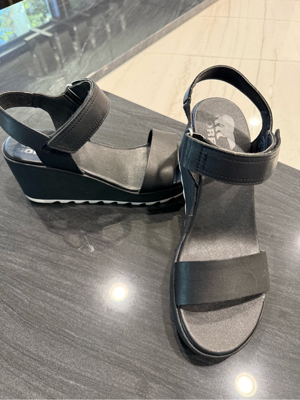Sorel Black Platform Wedge Sandals with Ankle Strap